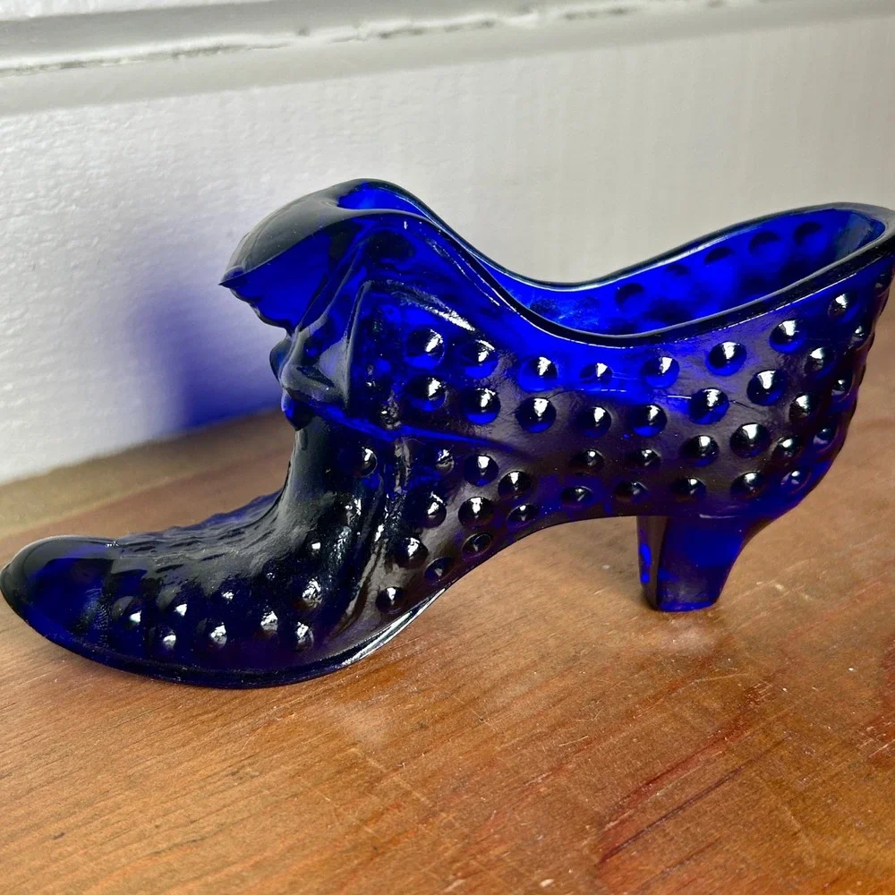 Fenton Hobnail Glass Slipper Small Cobalt Blue Cat Head Bow Figurine